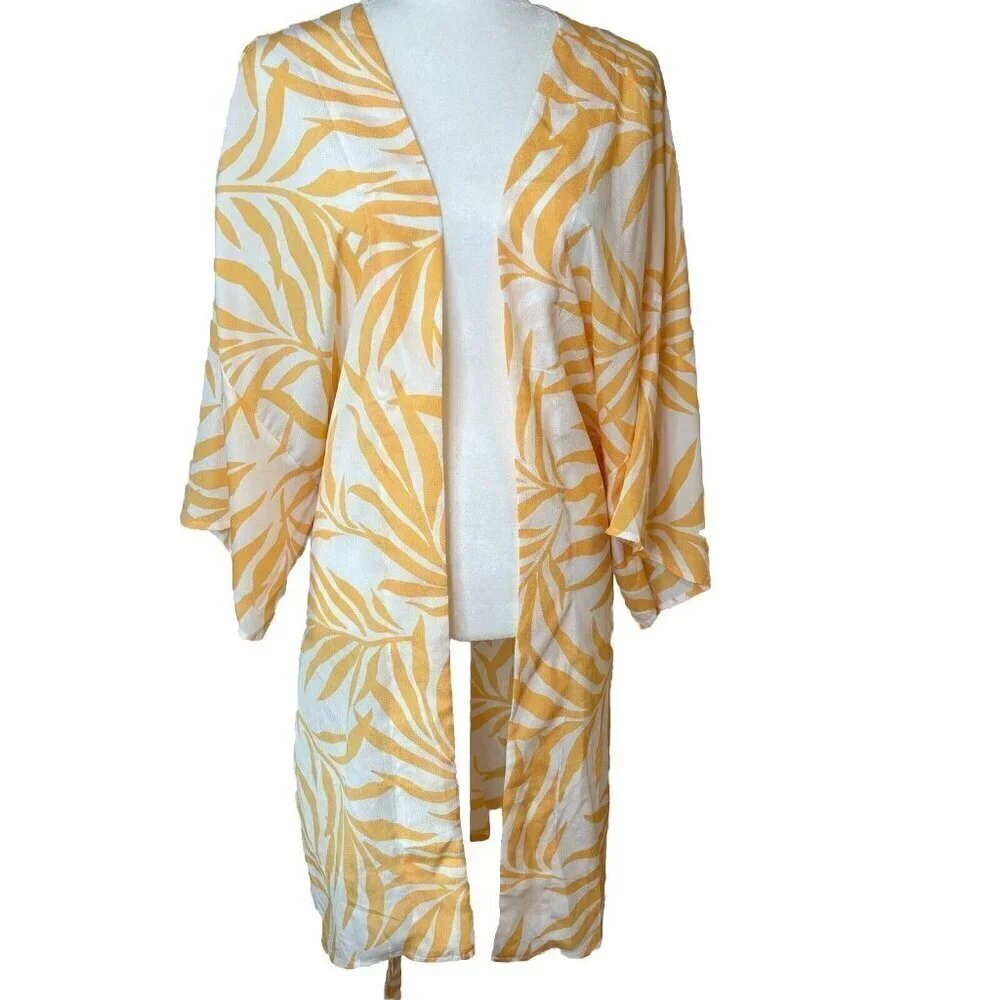 Maison Du‎ Soir Magnolia Palm XL/2XL Open Front Tie Sash Kimono Robe Cover Up